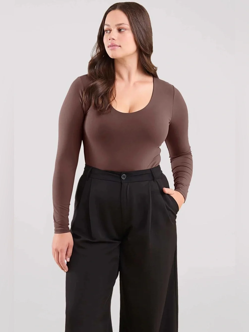 Nuuds Long Sleeve Scoop Neck Bodysuit Coffee Brown XXXL